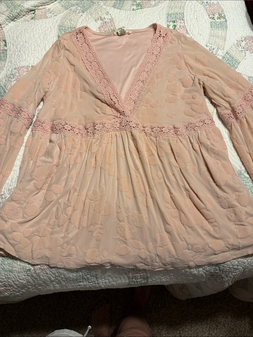Lace-Trim Floral Peasant Tunic - Blush Pink